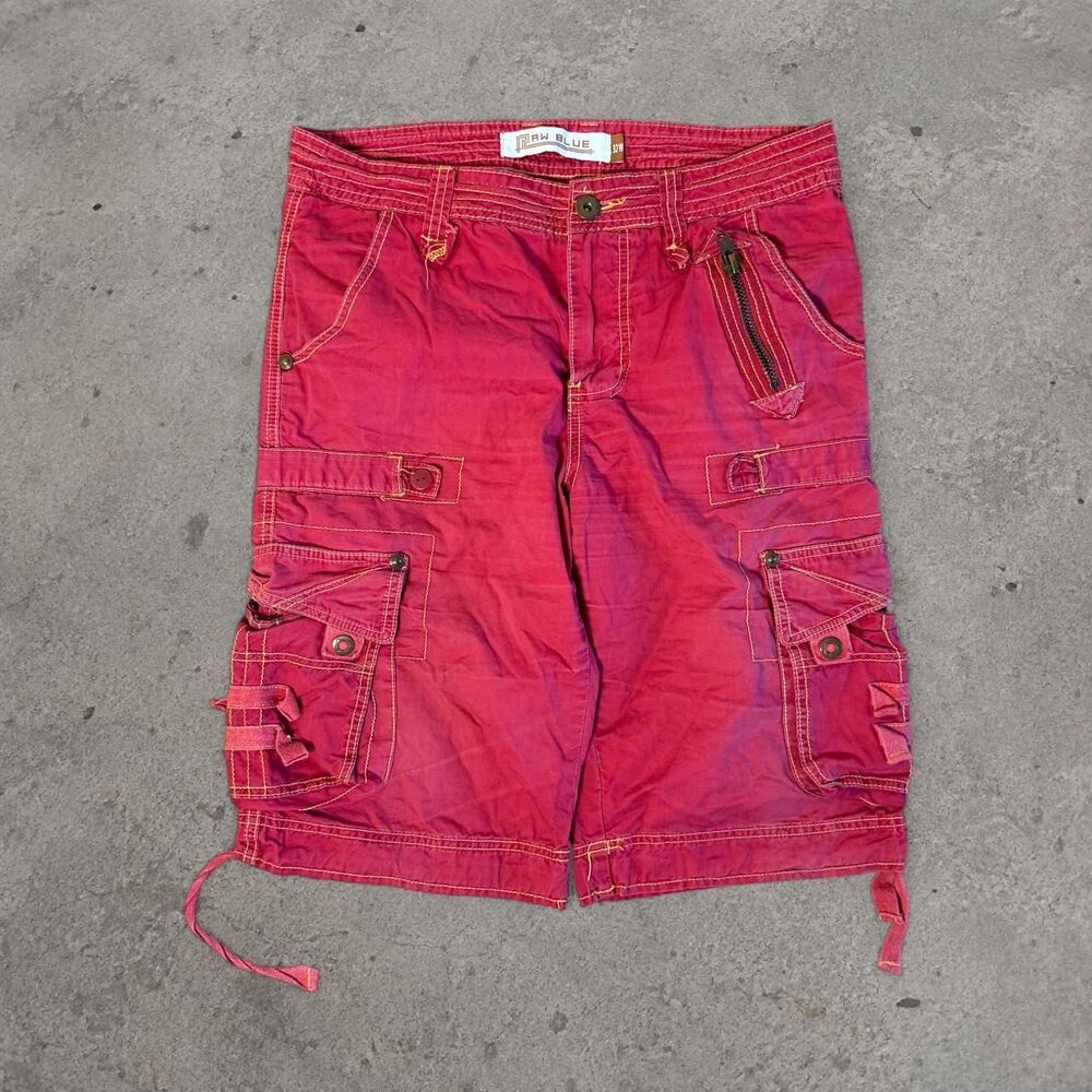 Y2K 2000’s Baggy Zipper Pocket Red Cargo Shorts Raw Blue Men’s Size 32